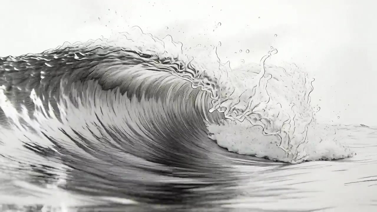 Rising swell from left midground curling wave into hollow barrel at grayscale ocean, creating foam