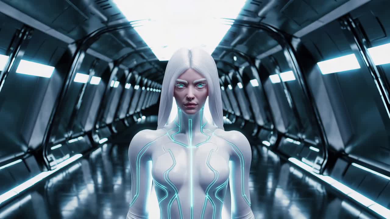 Futuristic female cyborg with luminous turquoise eyes and white hair navigating dark metallic spaceship corridor, embodying advanced technological innovation and mysterious artificial intelligence