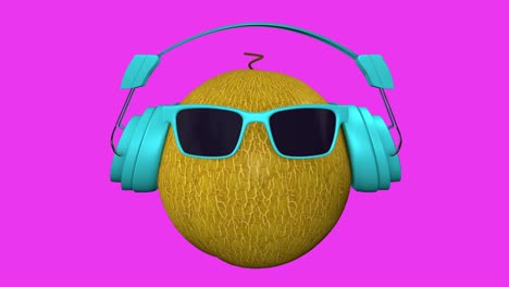 animación 3d en bucle de melón de fantasía. bailando de melón fresco con auriculares y gafas de sol.