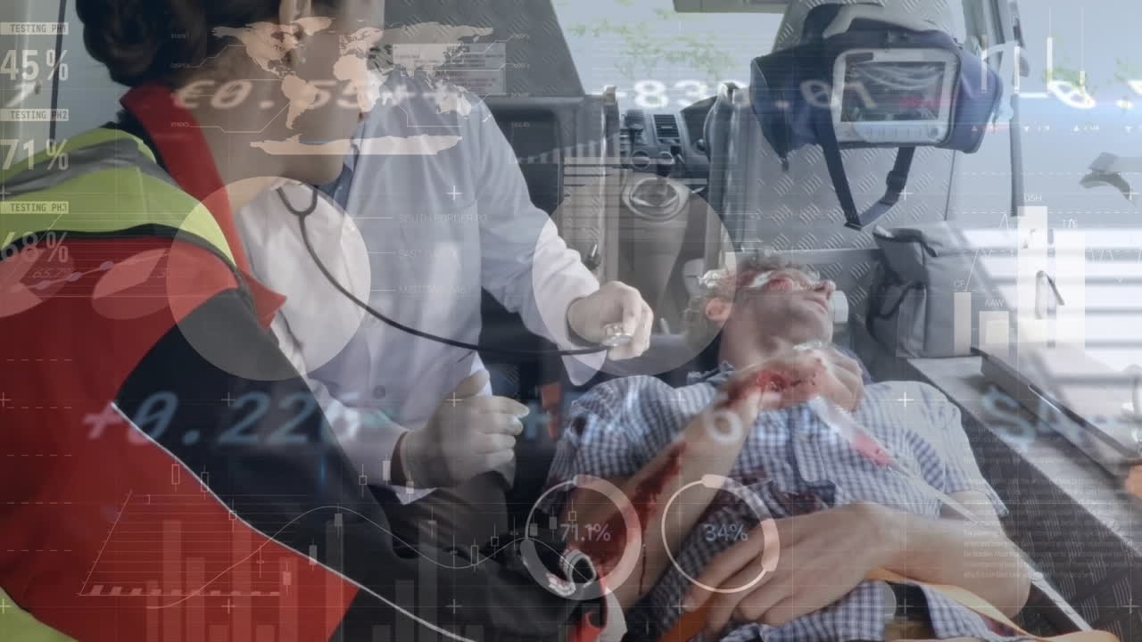 인포그래픽 인터페이스의 애니메이션, 트레이딩 보드, 부상당한 환자를 점검하는 백인 의사