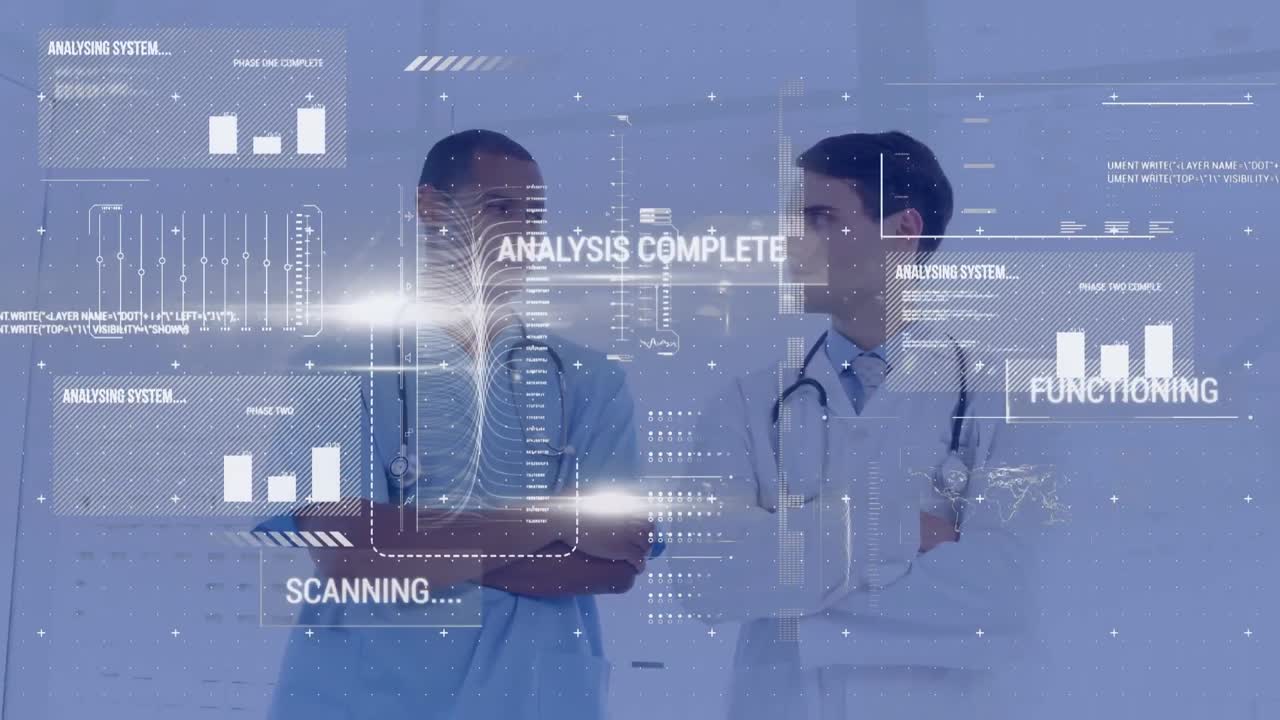 Animation of data processing over two diverse male doctors standing together at hospital