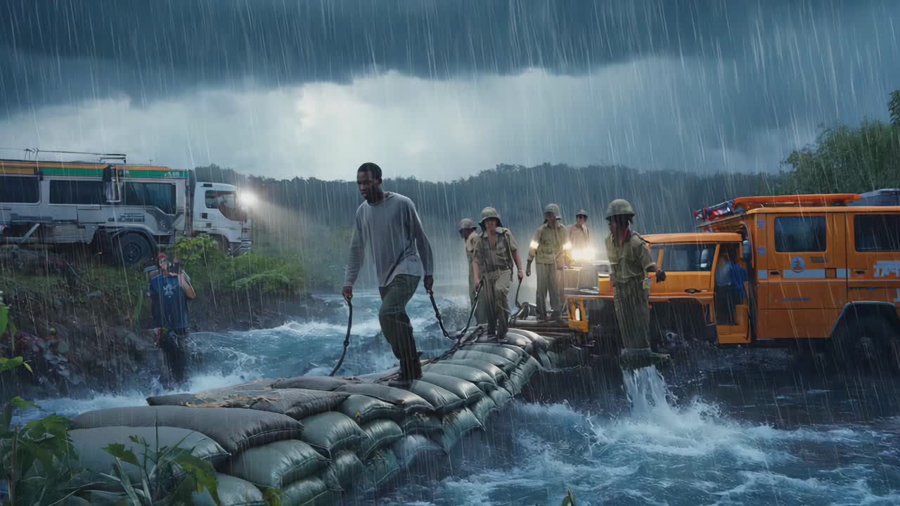 Emergency Workers Navigating Stormy River on Sandbag Bridge