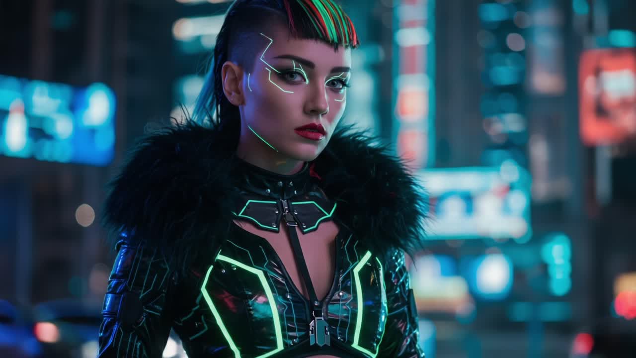 Moda cyberpunk futuristica: un personaggio audace con elementi neon e un trucco straordinario sullo sfondo di un paesaggio urbano distopico