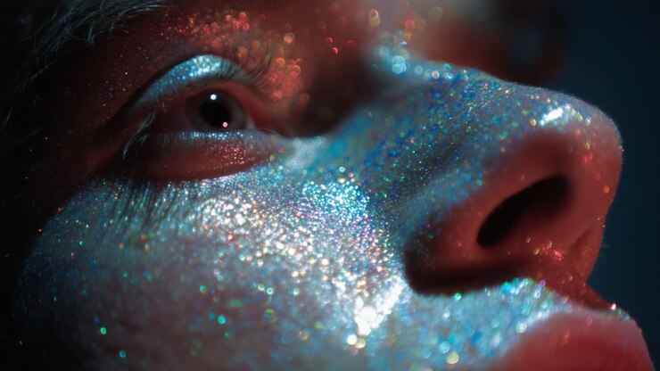A Dazzling Close-Up of a Glittery Face Embodying Beauty and Artistry, Captured in Two Frames Showcasing Sparkling Textures and Colors