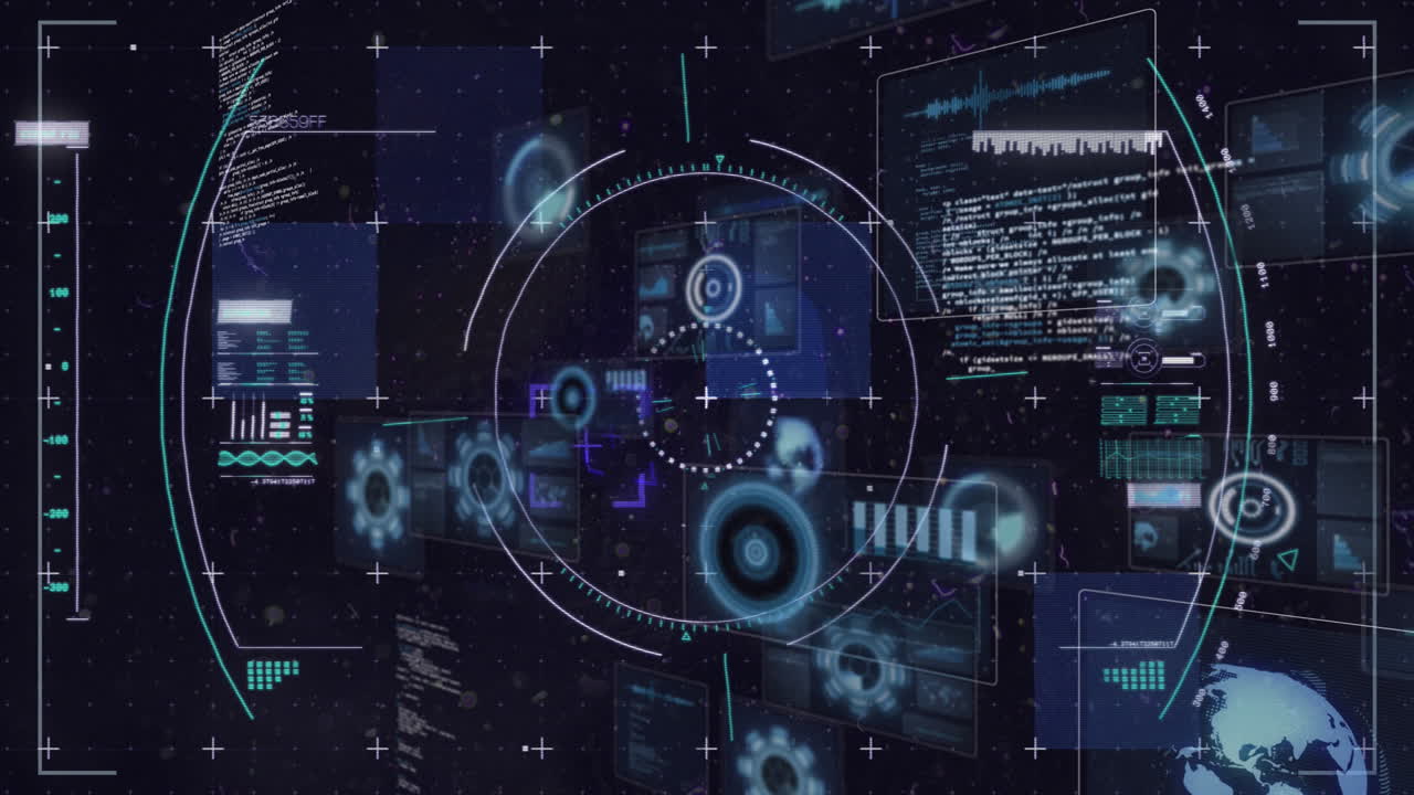 Animation of circles over radars, computer language against black background