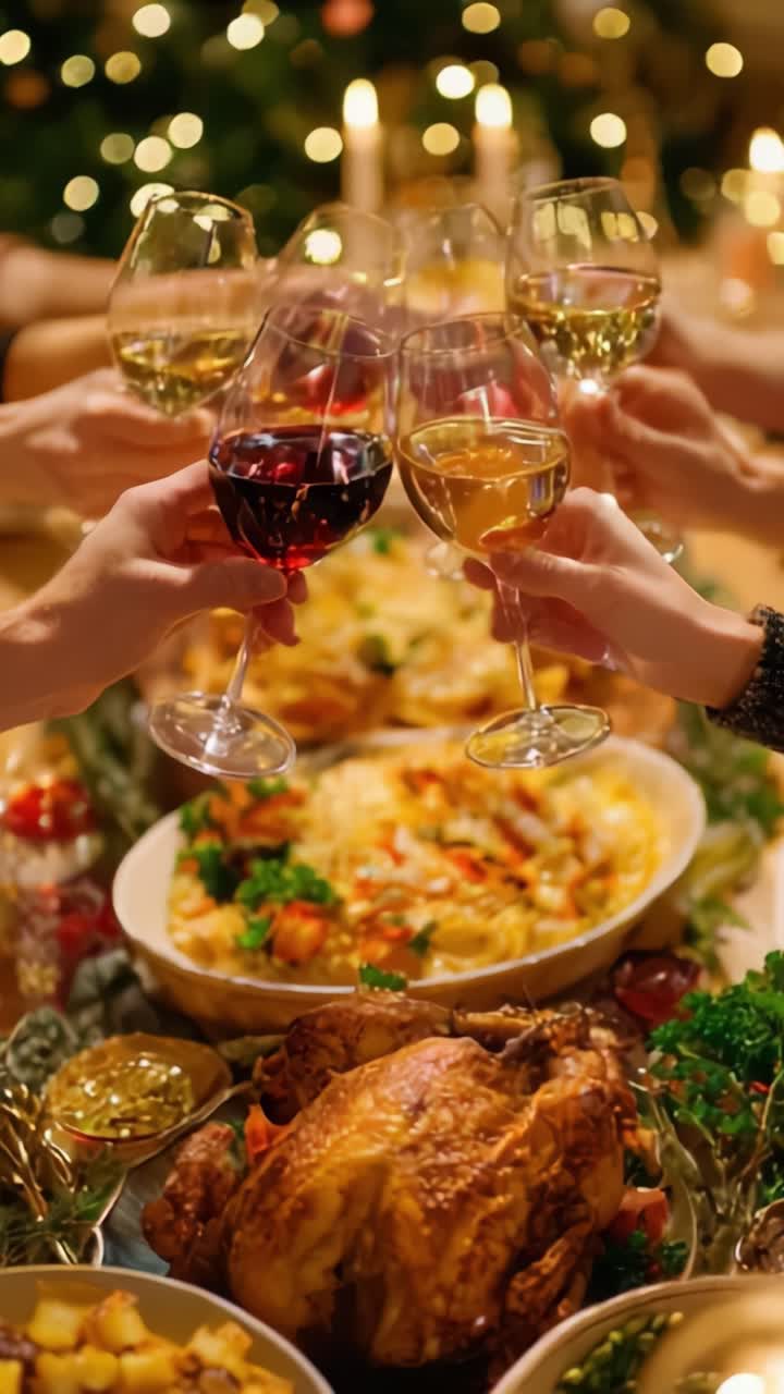 Una festa in compagnia di amici e familiari, con una deliziosa tavola imbandita di piatti gourmet, vini pregiati e un’atmosfera allegra, immersi nella gioia delle feste