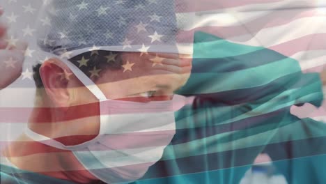animación de la bandera de los estados unidos ondeando sobre los cirujanos en el quirófano