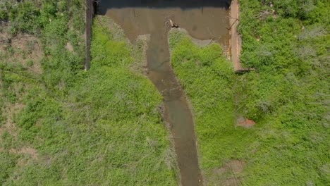 Aerial-top-down-establishing-shot-of-disappearing-river-during-water-shortage-in-Europe