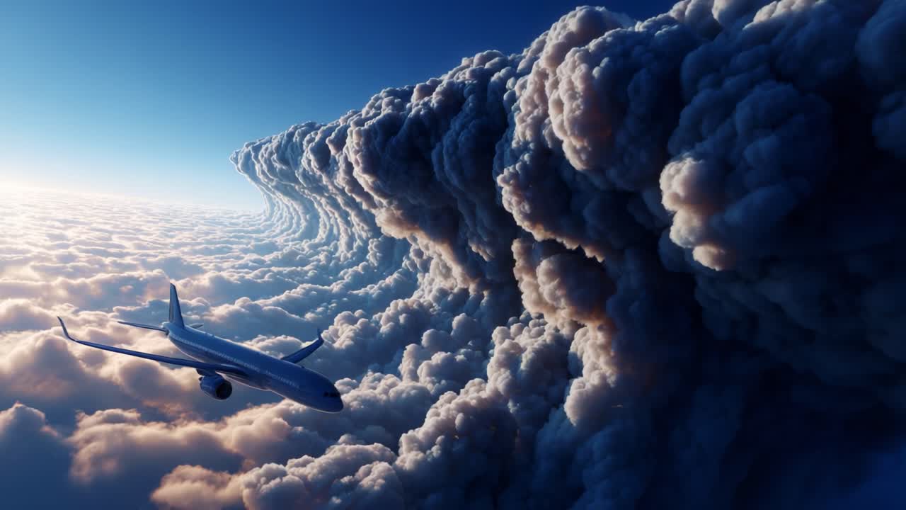 A mesmerizing aerial view captures a stunning formation of clouds, rolling in waves, as an airplane glides gracefully through the sky amidst this natural spectacle of drama and beauty