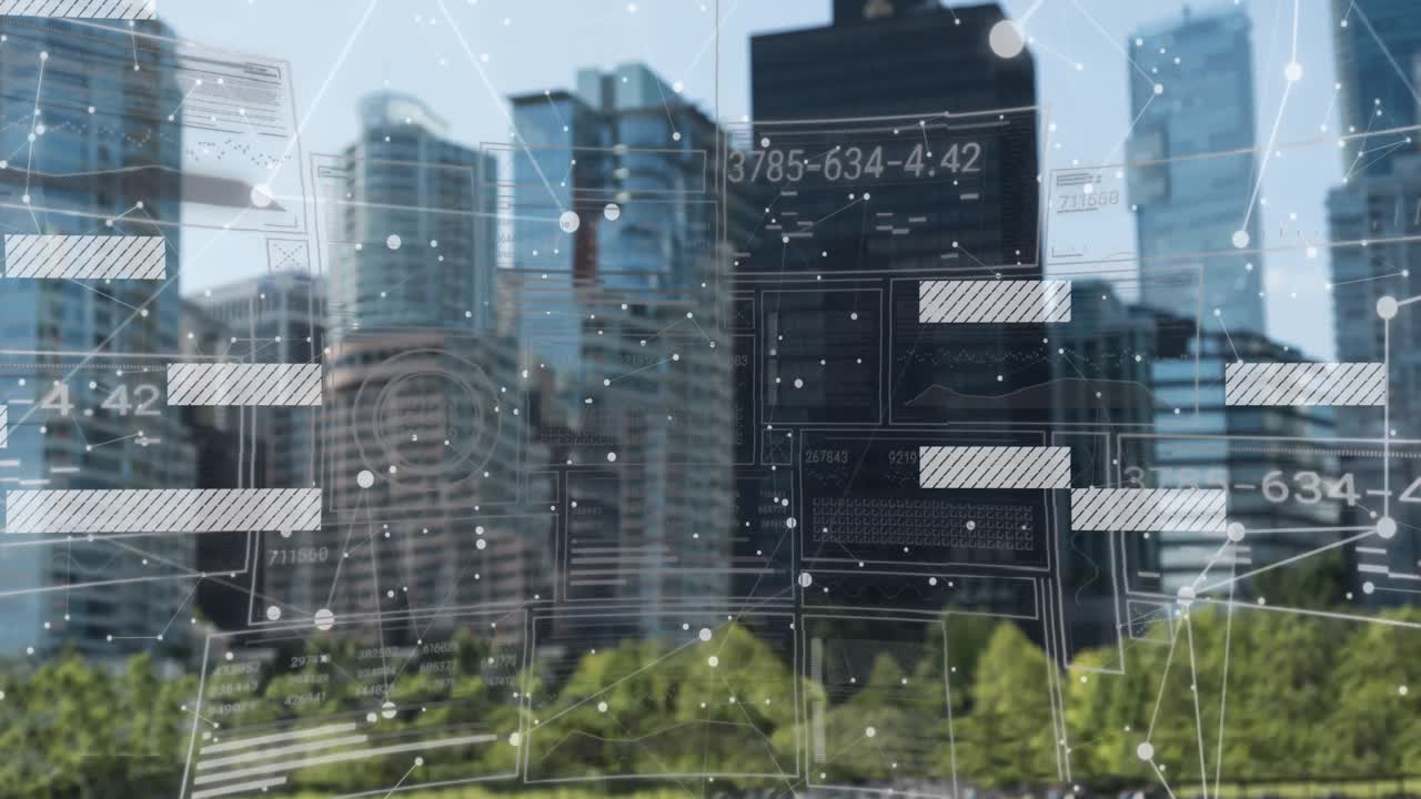 높은 건물의 공중 전망에 대한 데이터 처리와의 인터페이스의 애니메이션