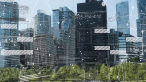 animación de la interfaz con el procesamiento de datos frente a la vista aérea de edificios altos