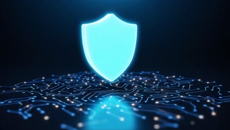 a modern digital shield symbolizing cybersecurity and protection against threats in a technologically advanced landscape of circuits and lights
