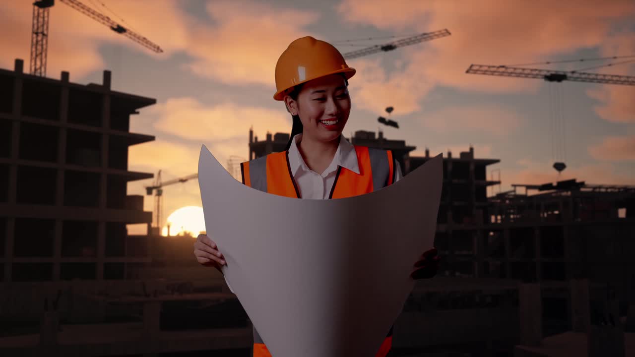 Asian Female Engineer With Safety Helmet Looking At Blueprint In Her Hands While Standing At Construction Site in Progress to New House