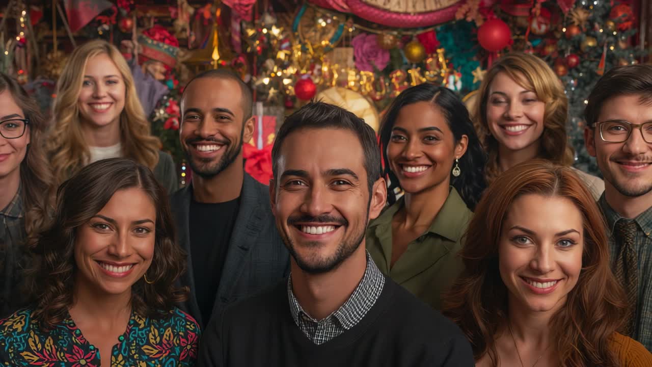 Ending countdown cueing nine friends standing together facing camera at home, with lights, baubles