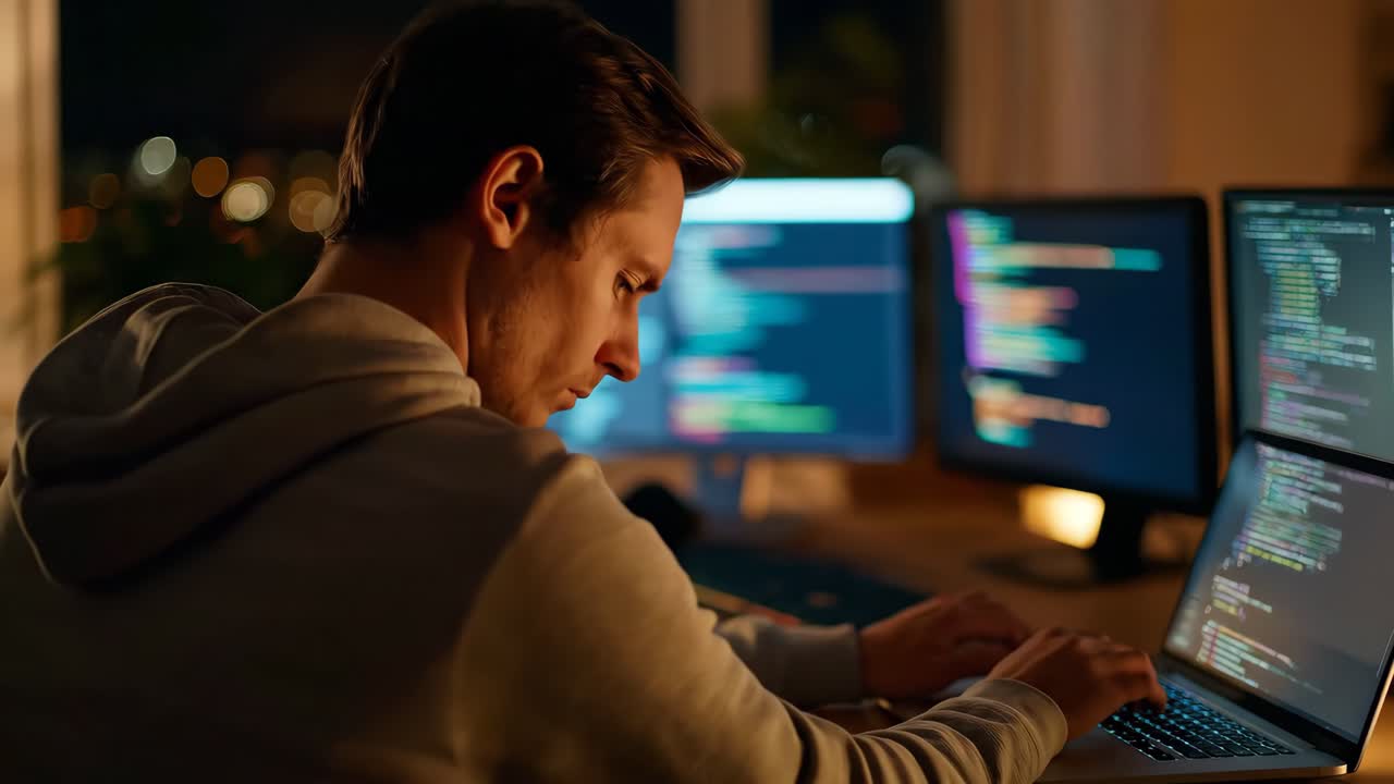 programmer working late night with multiple screens