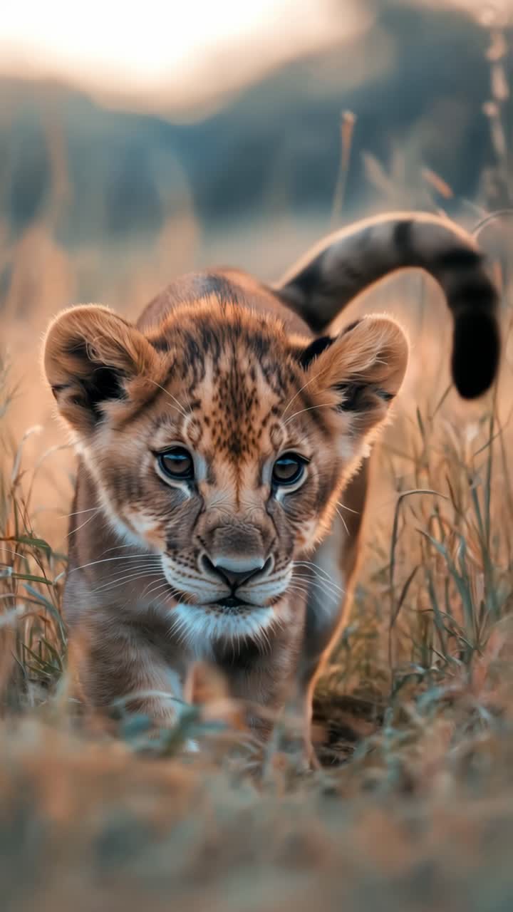 Nahaufnahme-Videostandbild eines Löwenbabys im hohen Gras, auf Augenhöhe aufgenommen