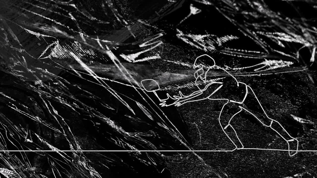 Animation of drawing of rugby player catching ball on black background