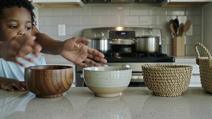 Placing adult guiding child in light blue T-shirt, arranging bowls on kitchen counter, copy space