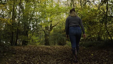 woman walking through the forest in lanhydrock, cornwall, united kingdom - wide