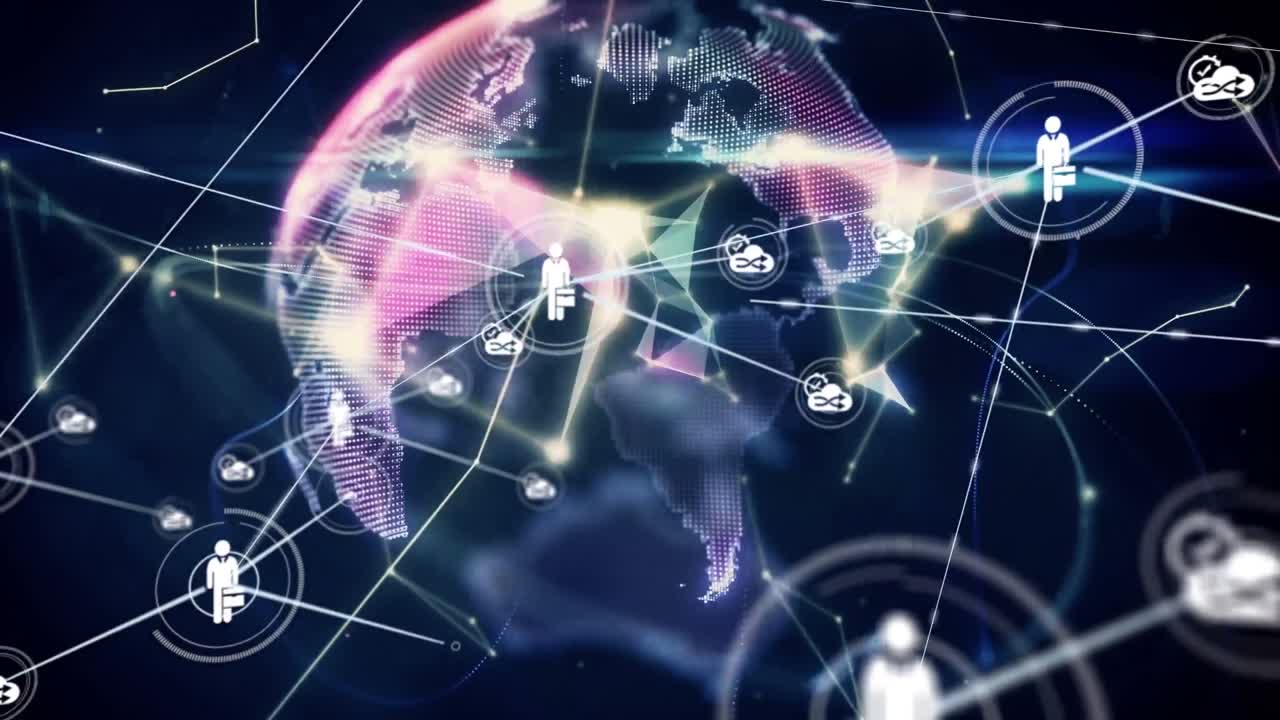 빛나는 반점이 있는 전 세계에 있는 사람들과의 연결 네트워크의 애니메이션 아이콘