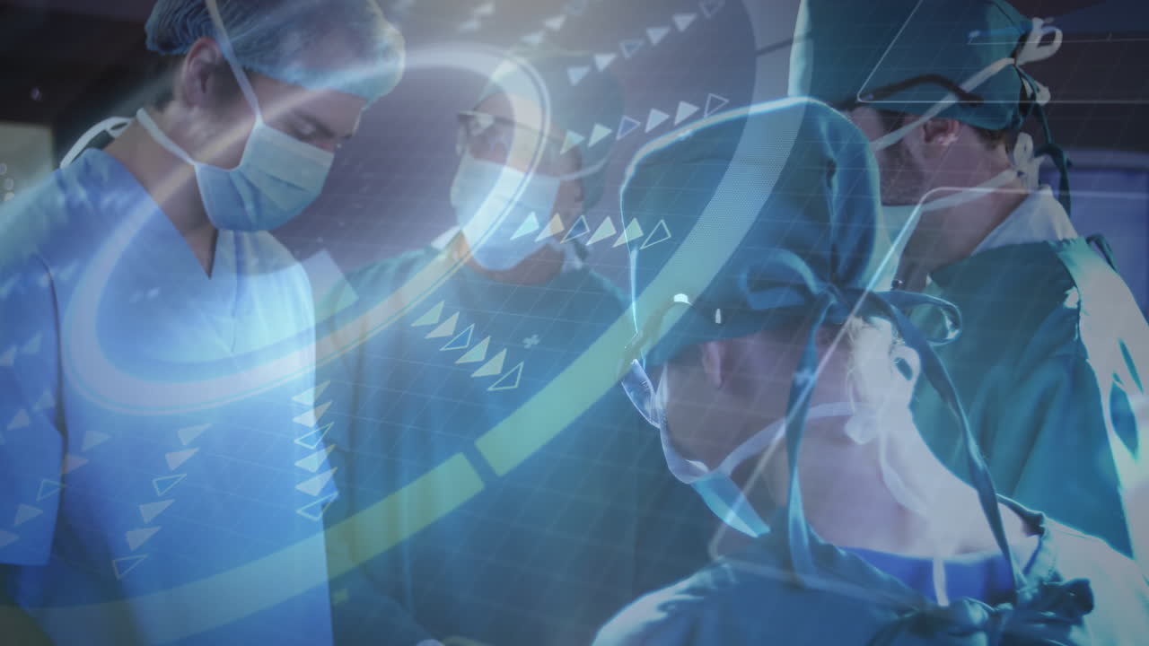 청색 배경에서 외과 의사와 과학 데이터 처리의 애니메이션
