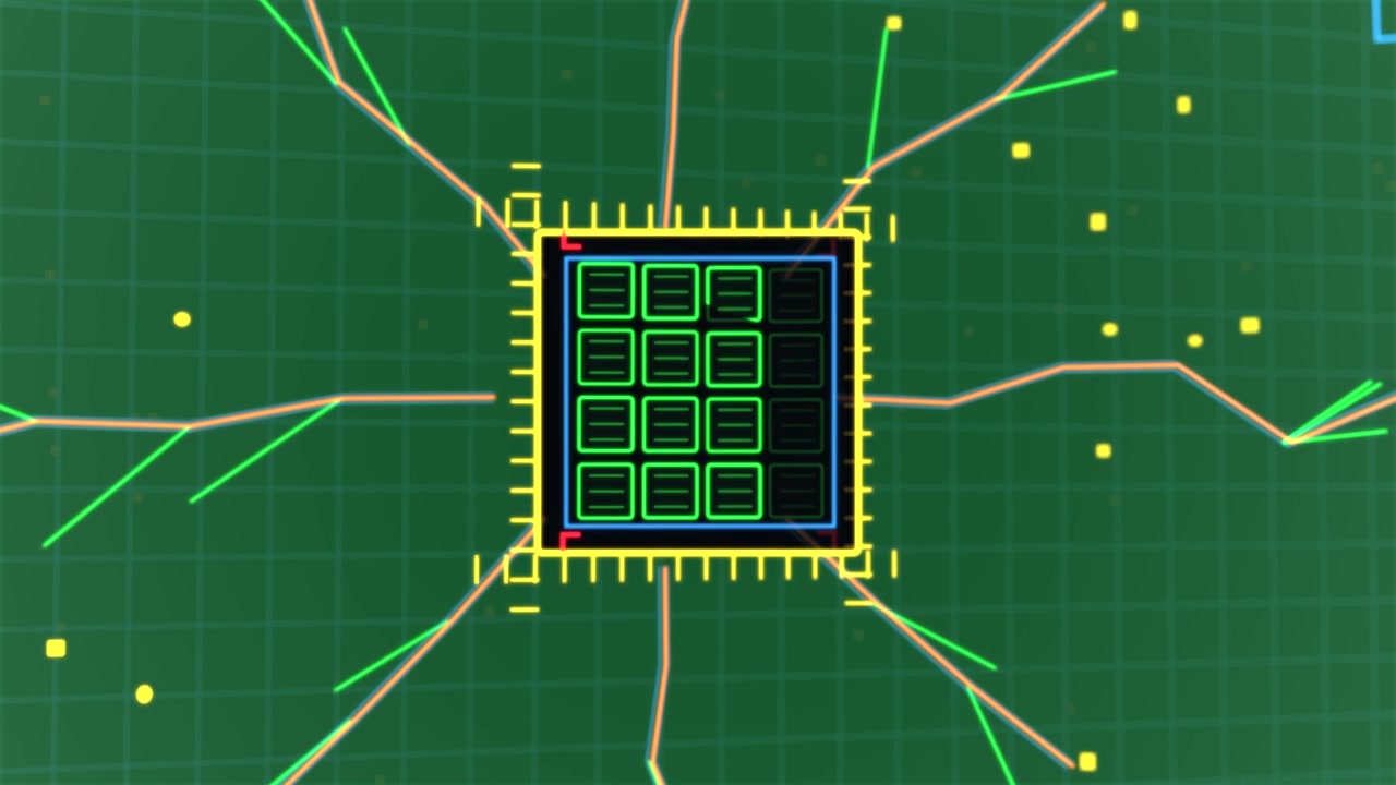 Kile udvider sig til neonchip, mikrochip belyser kerner og dirigerer data på gennemsigtigt gitter