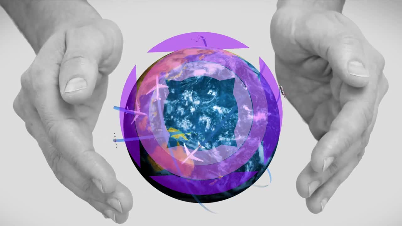 forma abstracta púrpura sobre iconos de avión que vuelan sobre el globo y manos en tazas contra un fondo gris