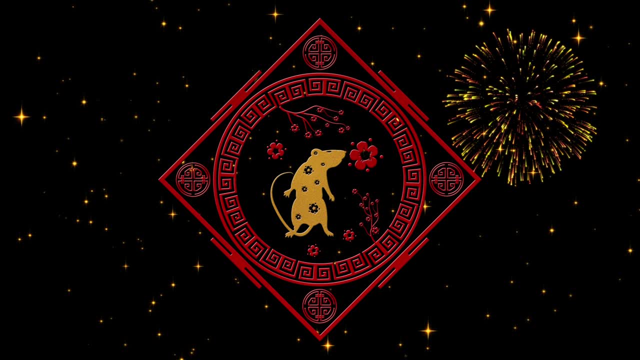 Lunar New Year, Spring Festival background with golden rat, fireworks. Chinese new year black starry night backdrop for holiday event. 3D rendering animation. Seamless loop 4k video