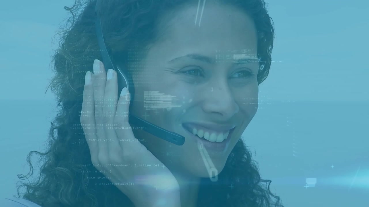 Animazione di elaborazione dati su una donna che lavora in un call center usando un auricolare telefonico.