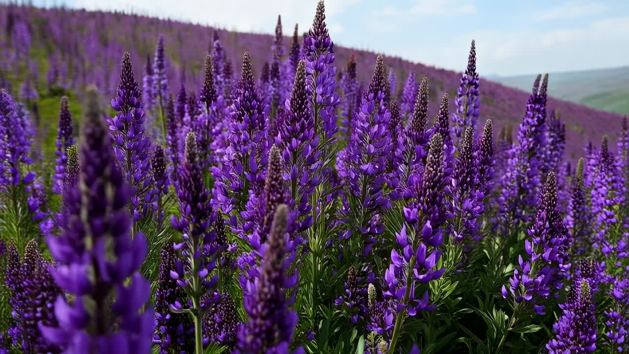Allontanamento della camera all'inizio che rivela un lupino viola alto sullo sfondo del pendio, con punte che ondeggiano delicatamente