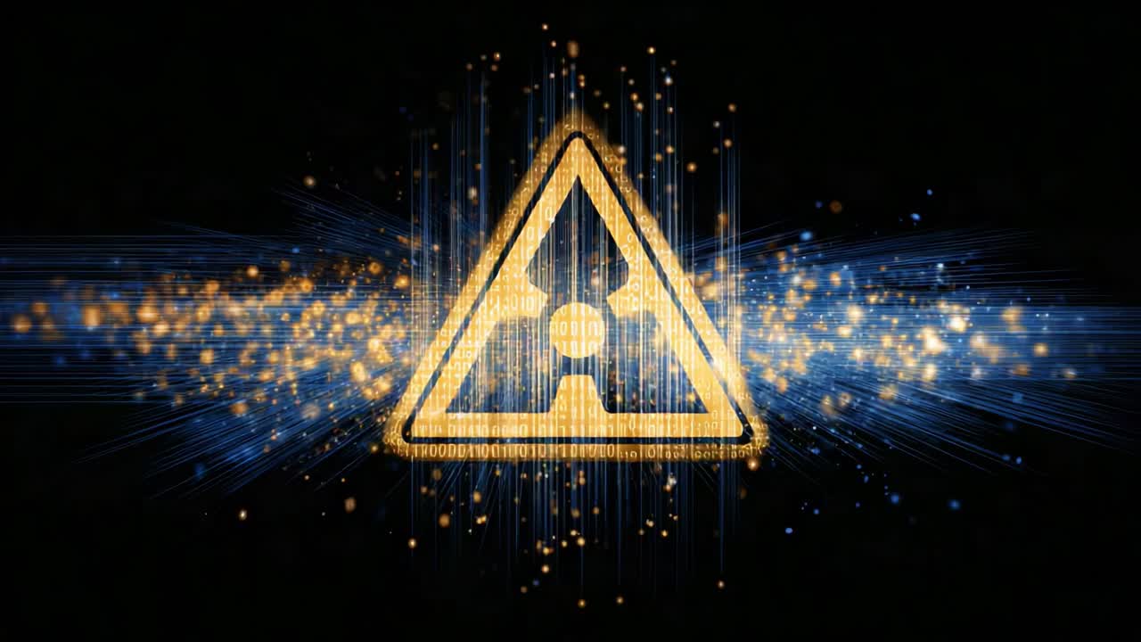 Illuminated Hazard Symbol with Energetic Background Stream, Representing Caution and Danger in a Digital and Technological Realm