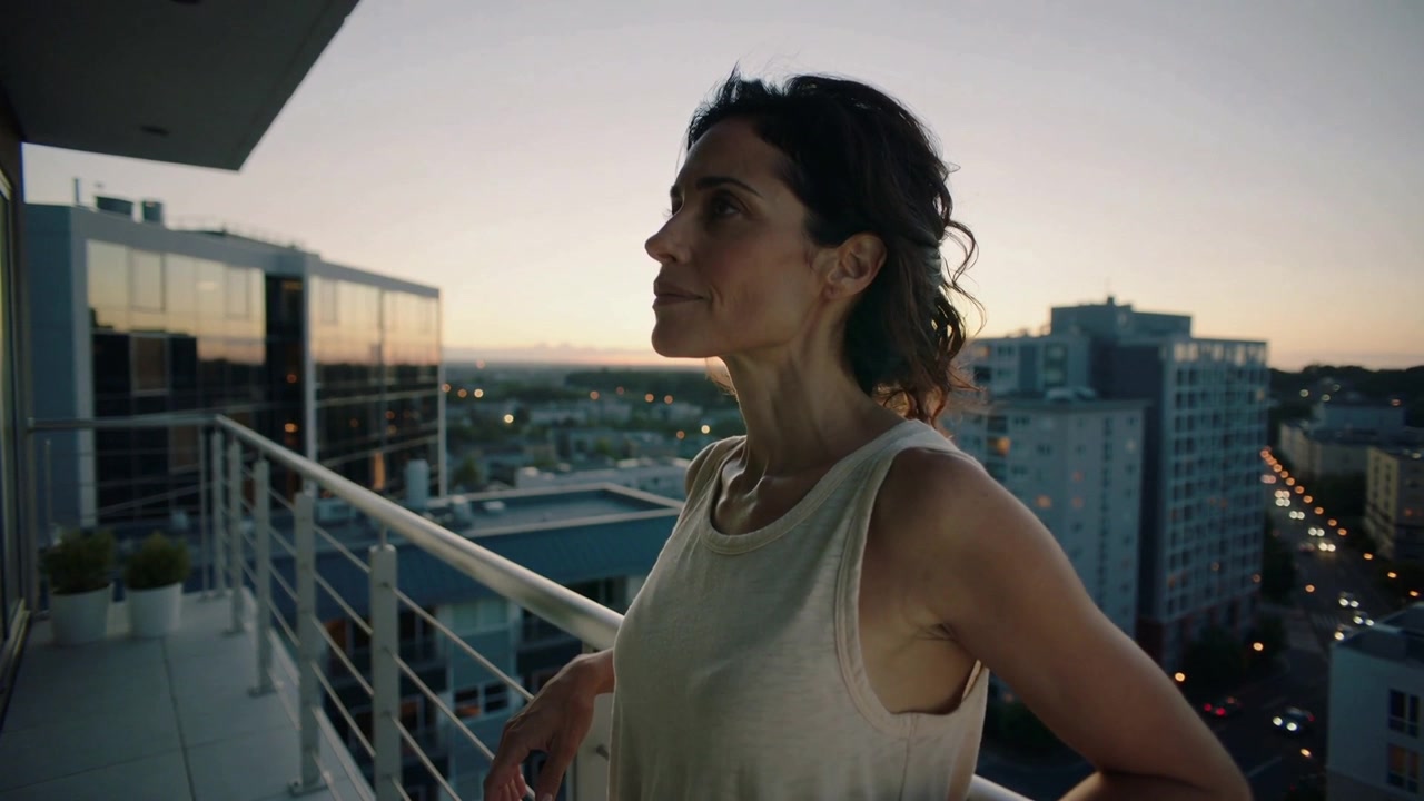 Watching woman wearing tank top leaning on balcony railing as dusk fading, observing lights, glass