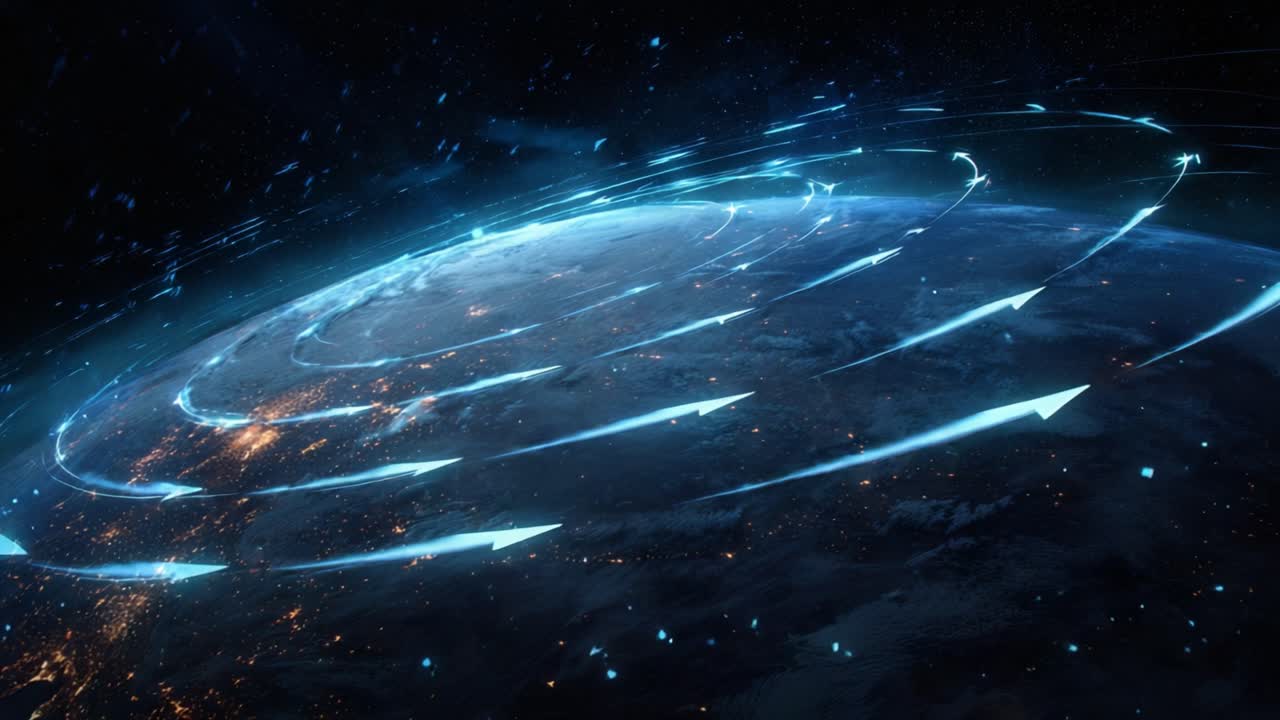 Blue glowing paper airplanes orbiting Earth from space, symbolizing global communication, international messaging, data transfer and worldwide digital network connectivity