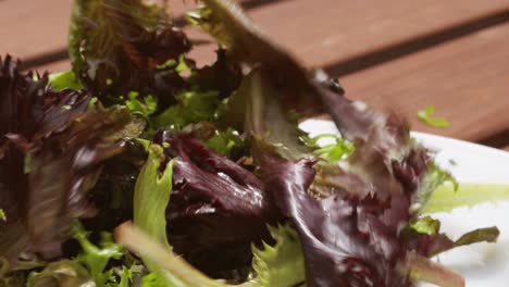 Hojas-De-Lechuga-De-Ensalada-Crujiente-Orgánica-Recién-Lavada-Cayendo-En-Cámara-Lenta-Afuera-En-Una-Mesa-De-Picnic-De-Madera---Concepto-De-Alimentación-Saludable-Comida-4k-Clip