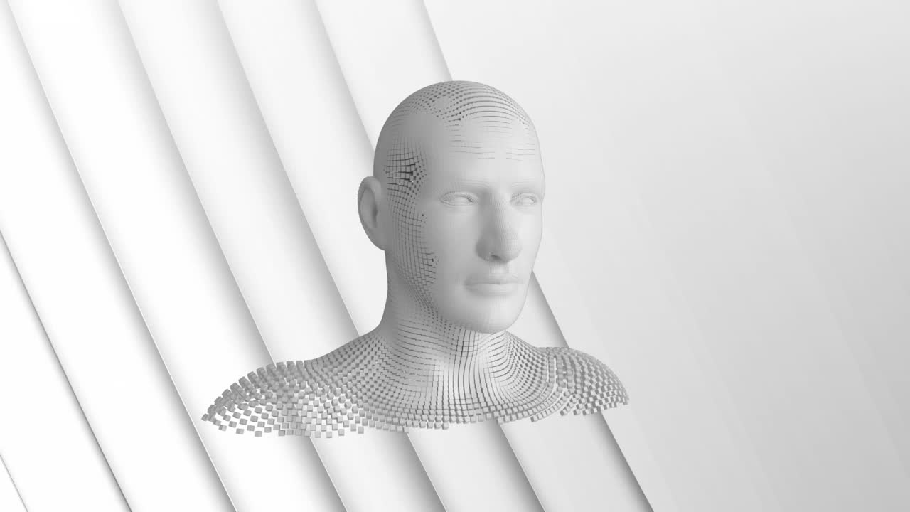 3d  ⁇ 색 배경에 폭발하는 입자로 형성된 인간의 머리의 애니메이션