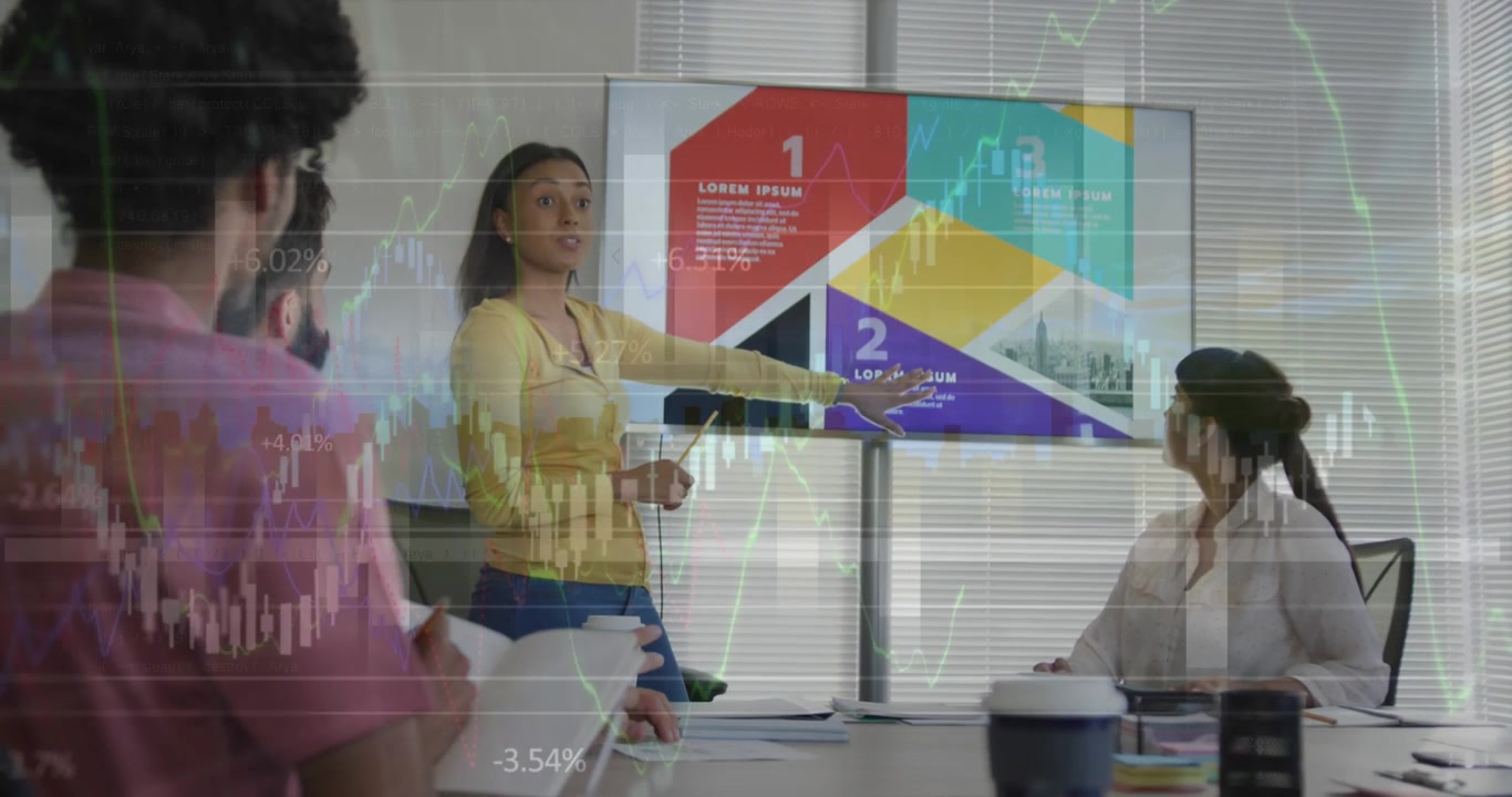 Business Team Attending Presentation in Modern Office with Financial Data Overlay
