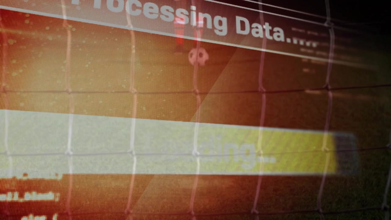 Digital overlay sliding in and bar filling, processing sports data and revealing goalkeeper ready