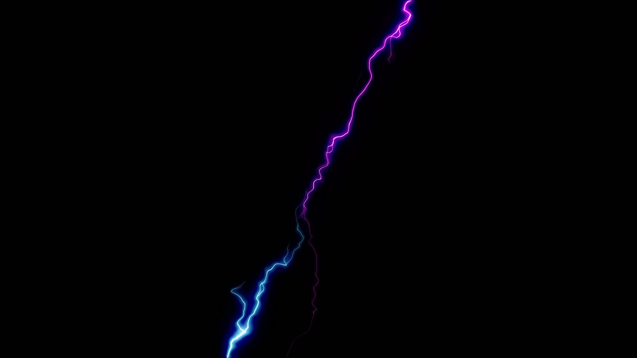 Two bolts of energy, one blue and one pink, clash and crackle vertically. Seamless loop for concepts of power, conflict, versus, or magic. Isolated on black background for overlay
