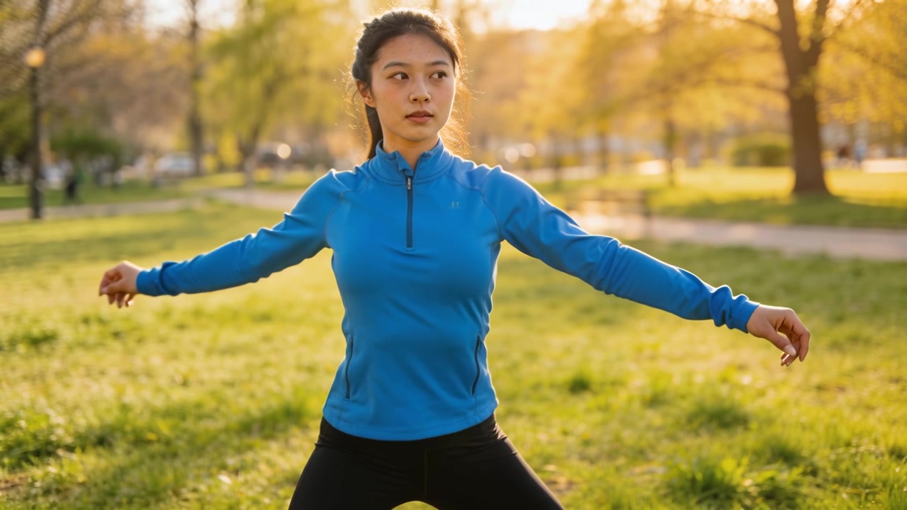 Rotating Asian woman starting mobility warmup in park as sunlight cueing motion, wearing blue top