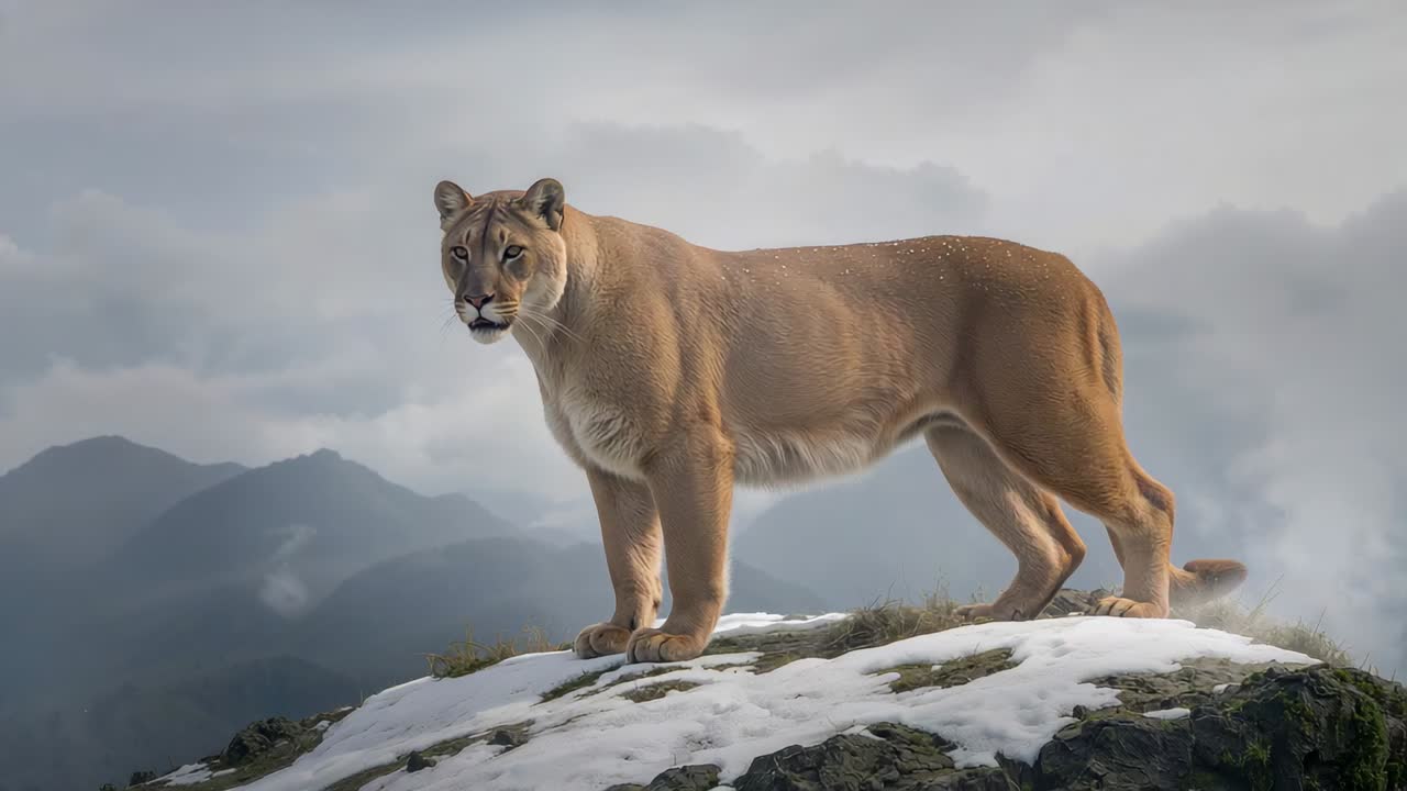 Vídeo de un puma bajando la cabeza e inclinándose sobre una roca nevada mientras la cámara hace un barrido y explora montañas