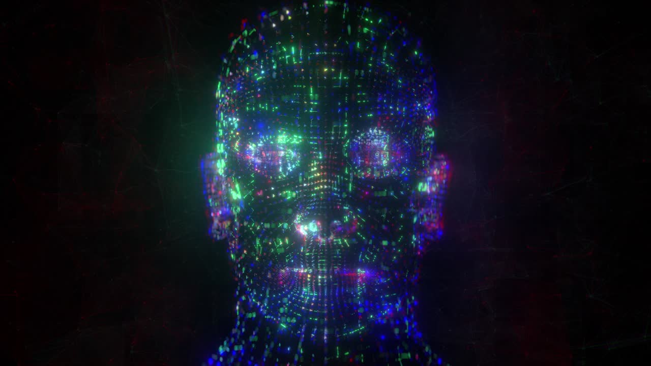 Animazione renderizzata in 3D di un volto umano digitale in loop continuo