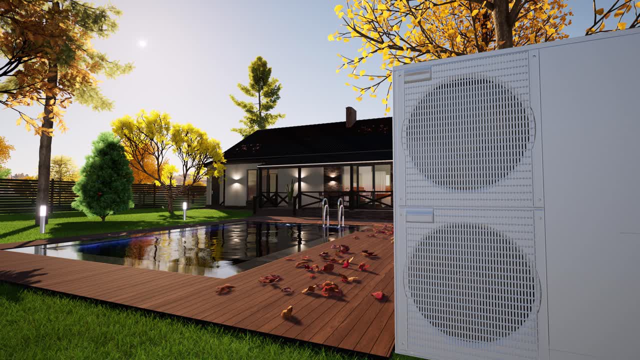 Technik HVAC instaluje systemy ogrzewania, wentylacji i klimatyzacji. Animacja 3D pompy ciepła.