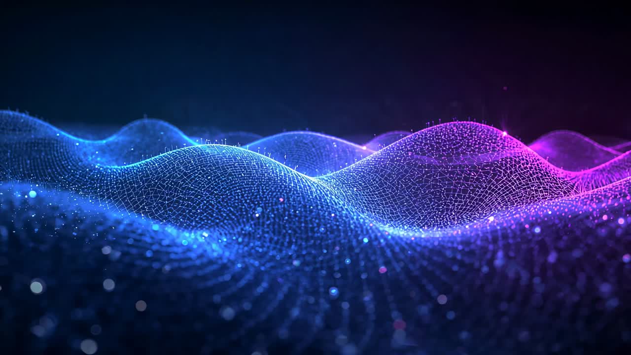 Moving camera causing glowing mesh undulating at dark void with nodes bokeh bringing ridges closer