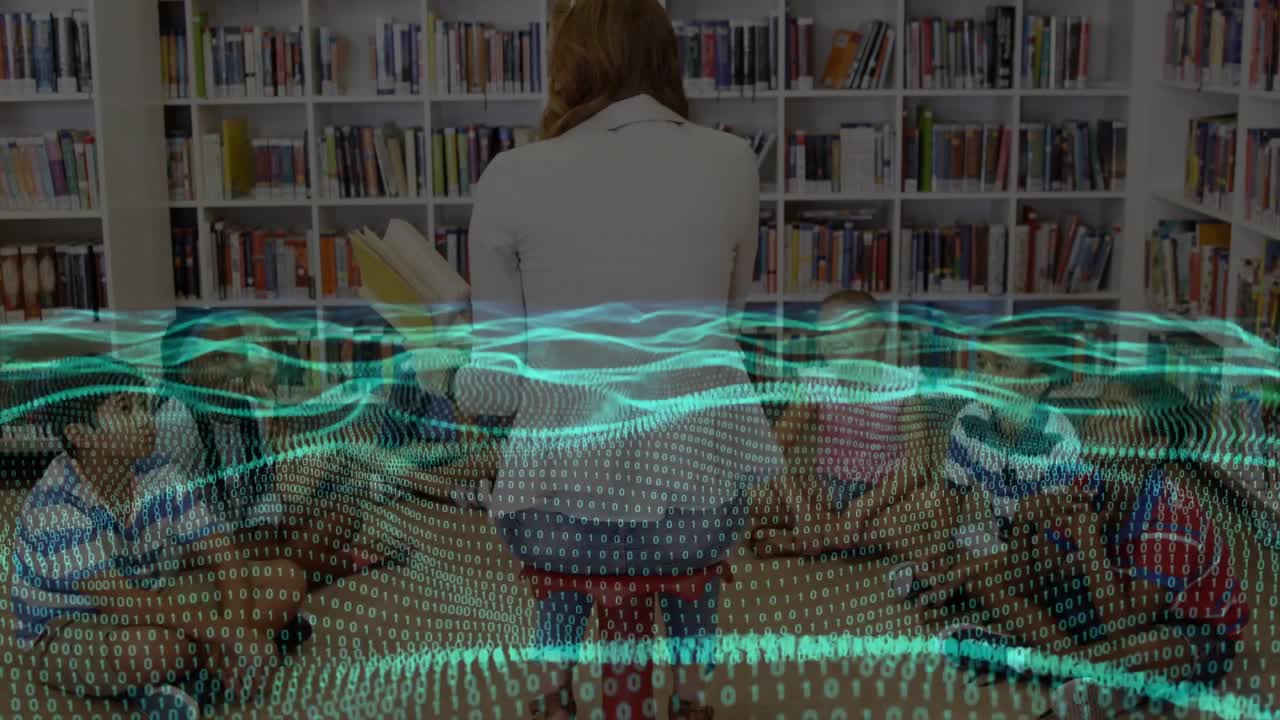 Teacher starting reading aloud in school library while digital waveform pulsing engaging students