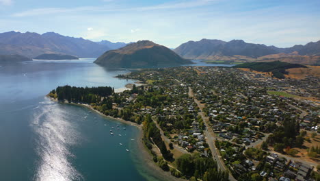 aerial view of queenstown, lake wakatipu and the remarkables mountain range in new zealand
