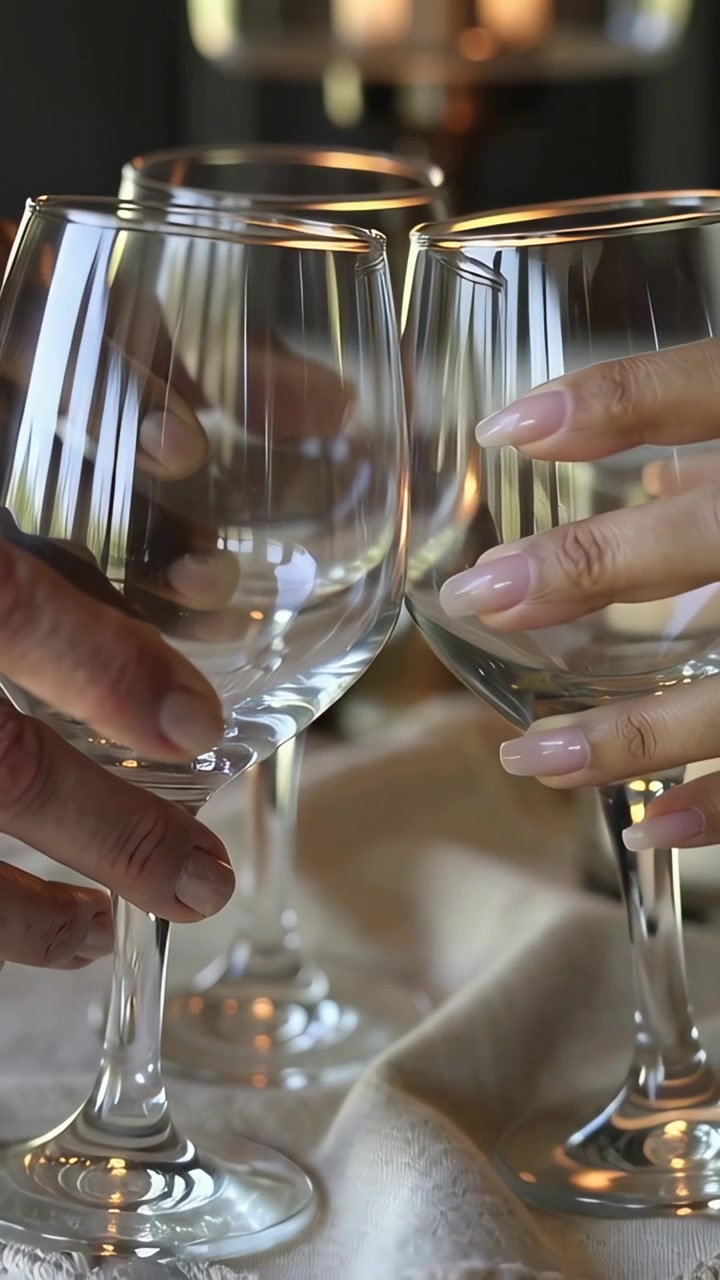 Vídeo vertical: Levantando duas mãos com taças de vinho vazias à mesa, vela inspirando um brinde