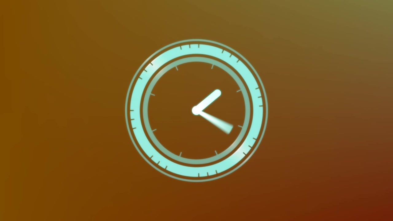Animation of neon ticking clock against orange gradient background