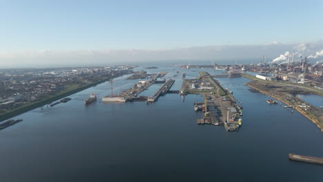 aerial of ijmuiden sluis, the largest sea shiplock in the world