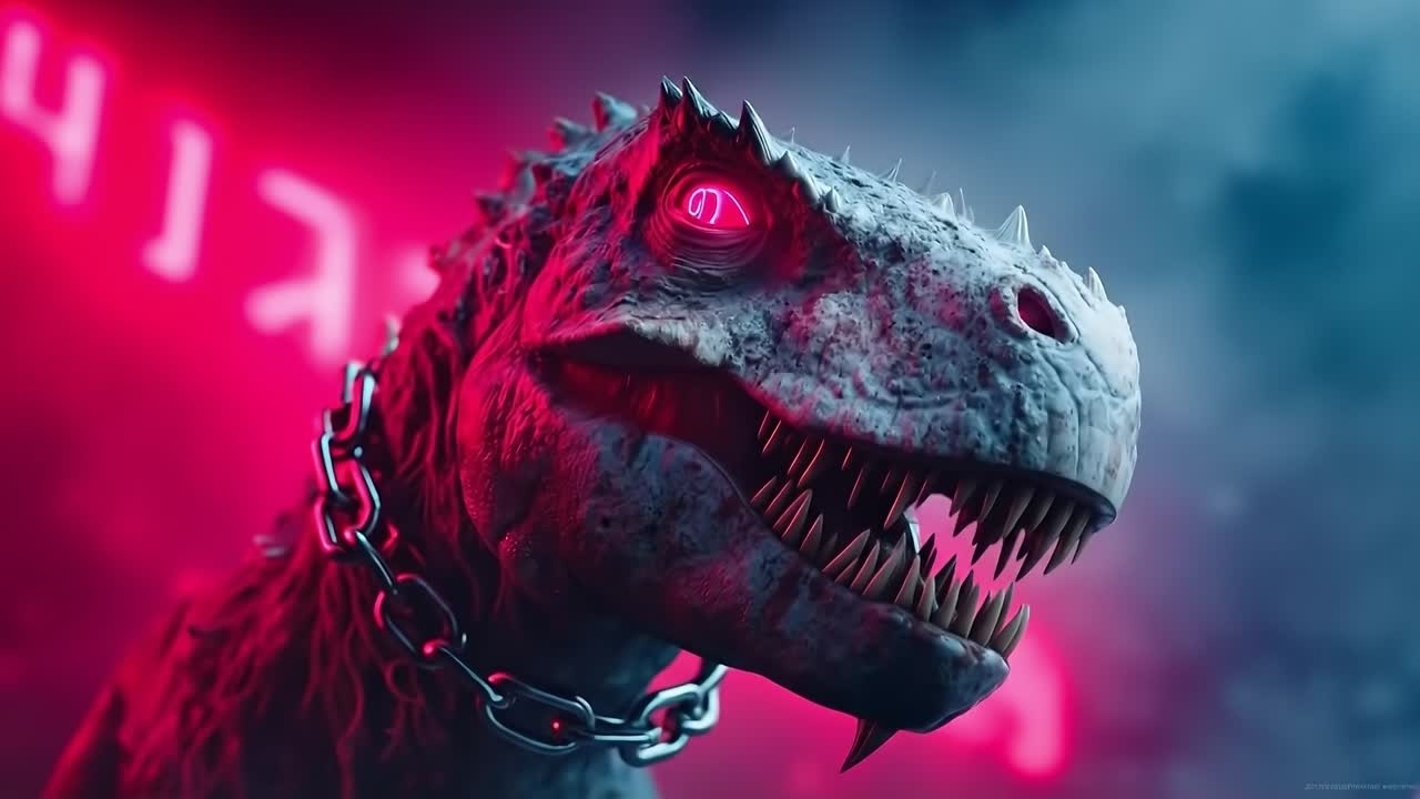 A close up of a dinosaur with a chain around its neck