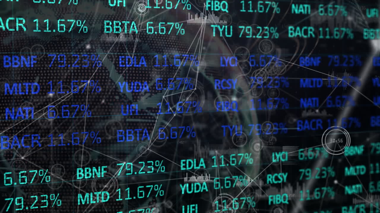 animación de la red de conexiones datos financieros en la pantalla del mercado de valores